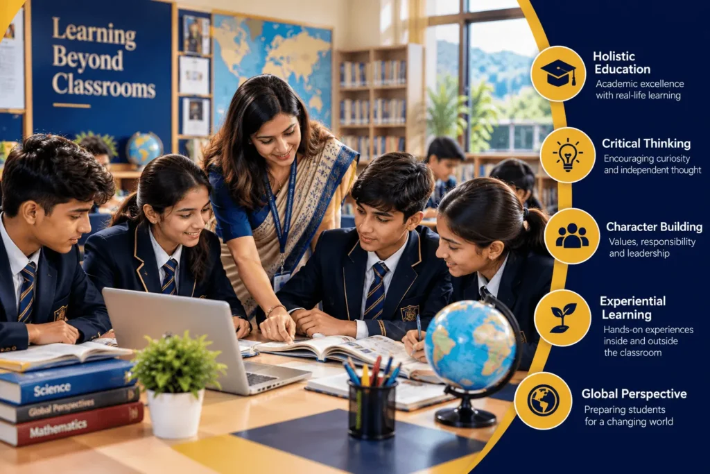 Teacher guiding students in a boarding school classroom in India