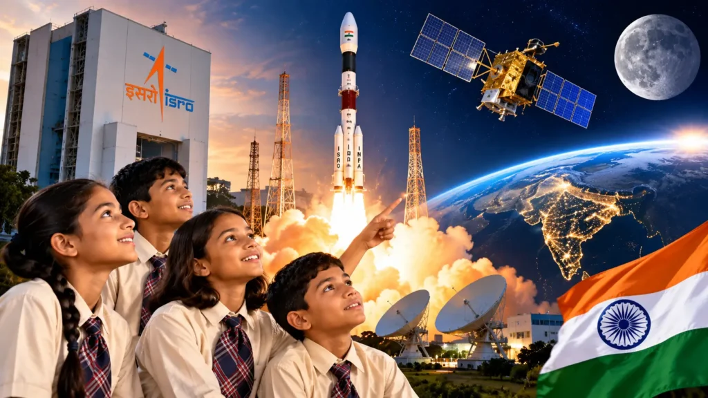 Students learning about India's space exploration and ISRO
