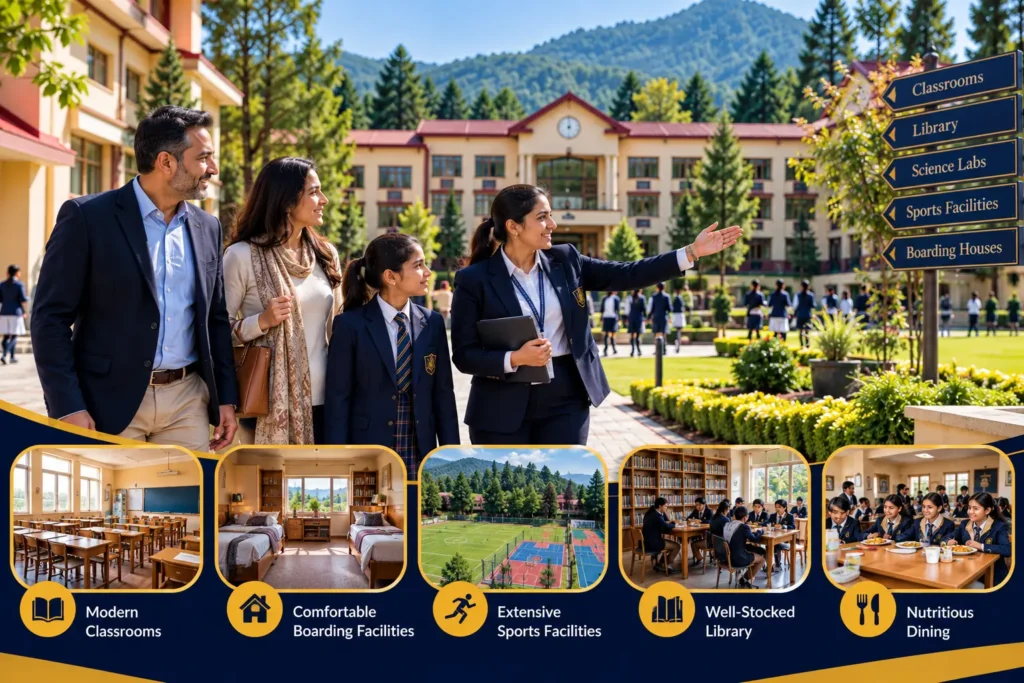Parents and child visiting a boarding school campus with a school representative